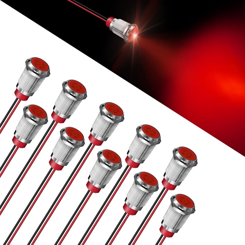 FICOLPO 10 Pcs LED Metal Waterproof Indicator Light, 12-24V 0.47-inch Mounting Hole Pre-Wired Pilot Signal Light for Car, Trucks, Boats, Marine, Dash, Industrial Electricity (Red, 12mm) - Image 1